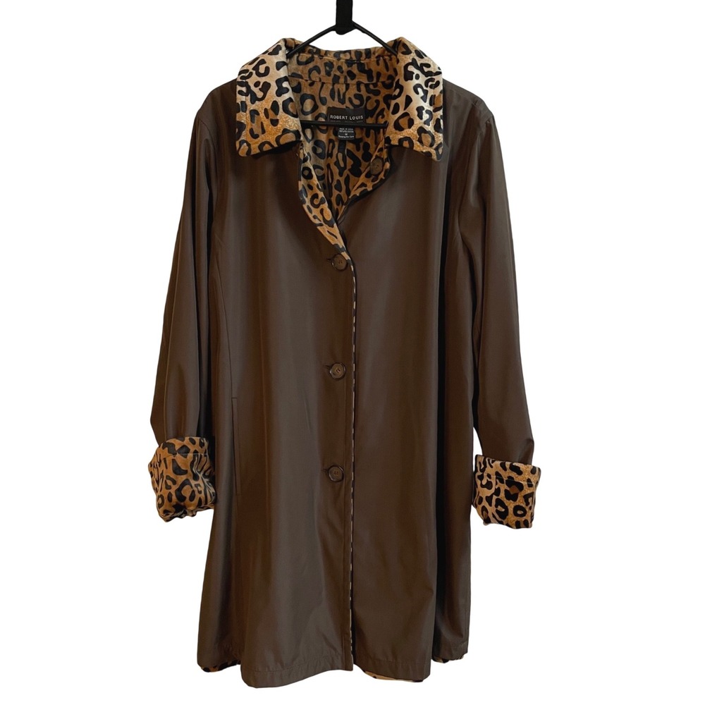 Robert Louis Womens Brown Leopard Trim Reversible Trench Coat 1X